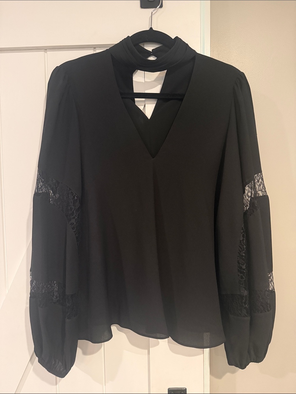 Elizabeth and James Black Chiffon V-Neck Blouse with Lace Insets